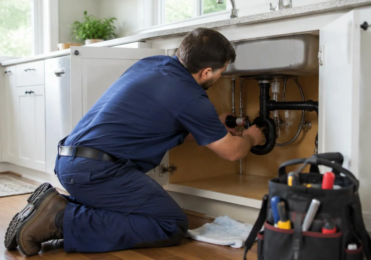 Plumber repairing pipes under a kitchen sink